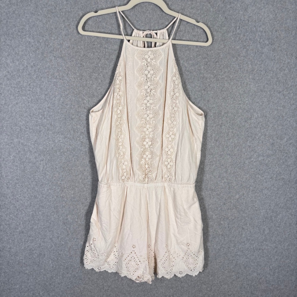 American Eagle Crochet Lace Romper Large Cream Sheer Scallop Boho Feminine Vaca